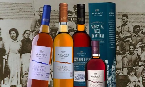 Moscatel de Setúbal, vinho de reserva e moscatel rosé de Setúbal da Vinâncio da Costa Lima, destaque para a qualidade e tradição da região do Sado, com a embalagem elegante e diferentes variedades de vinhos de origem portuguesa.