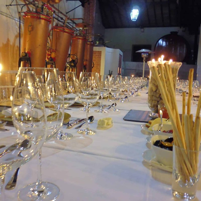 Linhas de copos de vinho brancos e taças, mesa de jantar elegante com aperitivos, ambiente interno com instalações de produção de vinho vintage ao fundo, iluminação acolhedora em vinícola portuguesa.