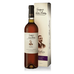 Molho de vinho Moscatel Roxo de Setúbal, embalagem com rótulo clássico e retrato de uma figura histórica, ideal para amantes de vinhos especiais portugueses.