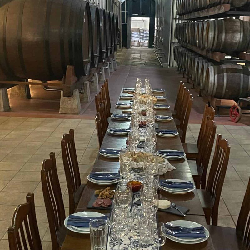 Barrel aged wine cellar with a long dining table set for a meal, surrounded by wooden wine barrels, stone walls, and arched ceiling, showcasing a historic and elegant wine tasting environment.