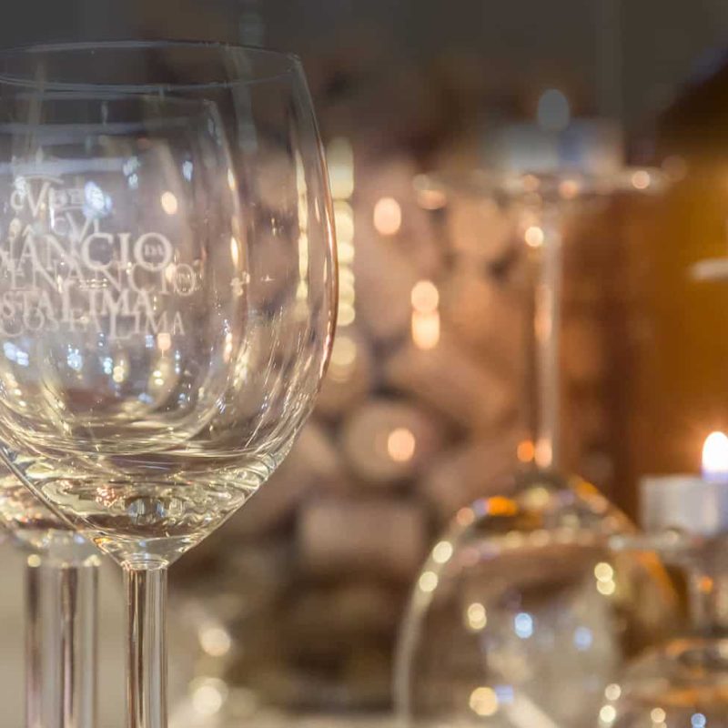 Vinhos Venâncio da Costa Lima em taças de champagne, na decoração de evento elegante, refletindo a história e tradição da vinícola paraense.