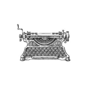Máquina de escrita vintage em estilo de ilustração a preto e branco, representando o ambiente clássico e nostálgico da escrita tradicional, associada à história e criar conteúdo de alta qualidade para vinícolas e enologia.