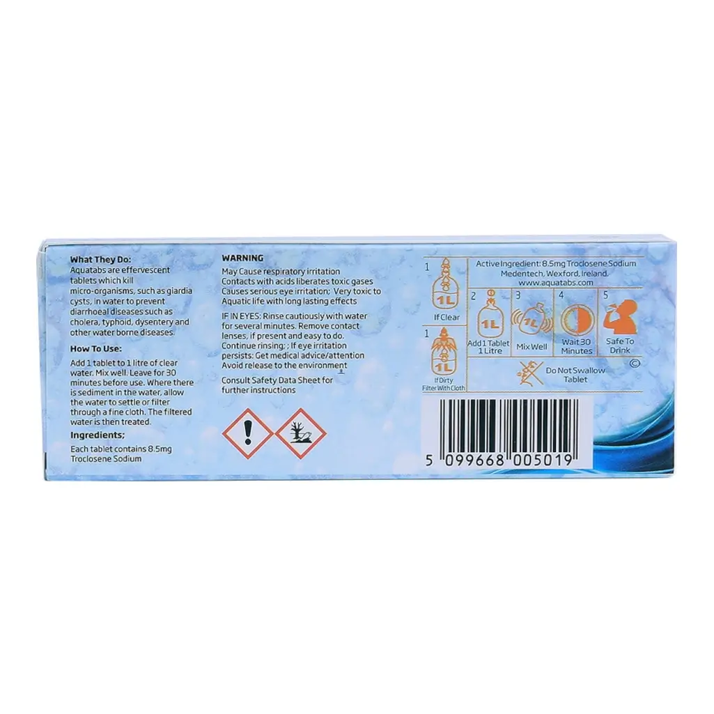 Aquatabs waterzuiveringstabletten achterzijde verpakking