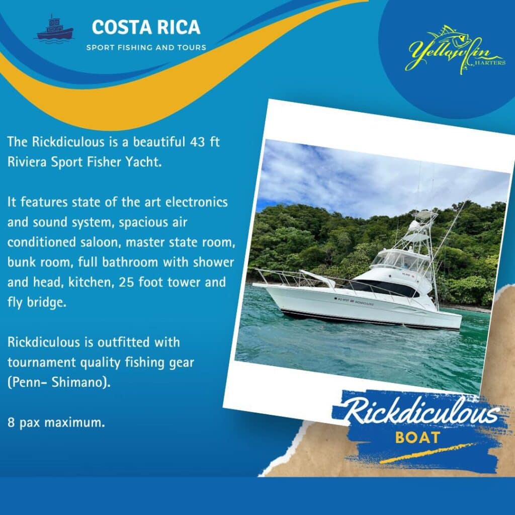 Luxury sport fishing yacht Rickdiculous in Costa Rica, perfect for deep-sea fishing excursions.