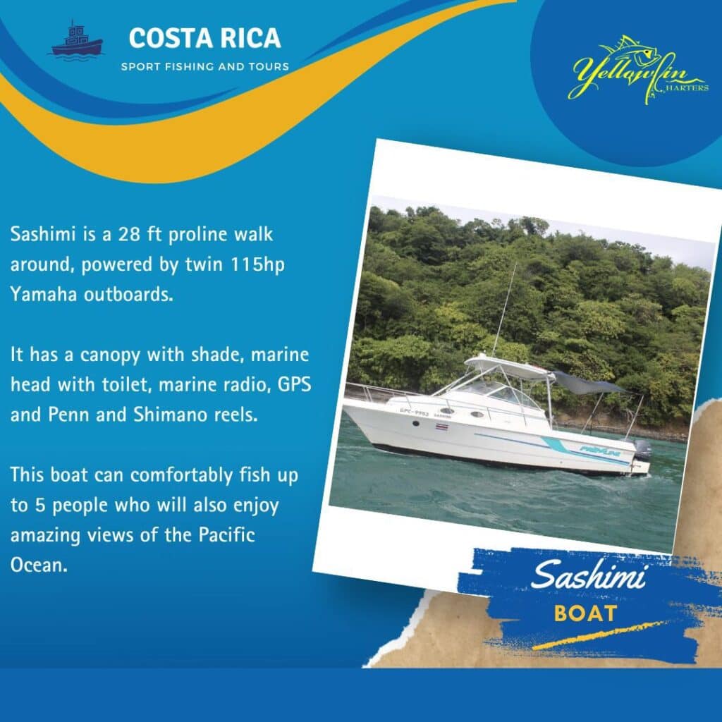 Yamaha Sashimi boat for sport fishing in Costa Rica with marine features and Pacific Ocean views.