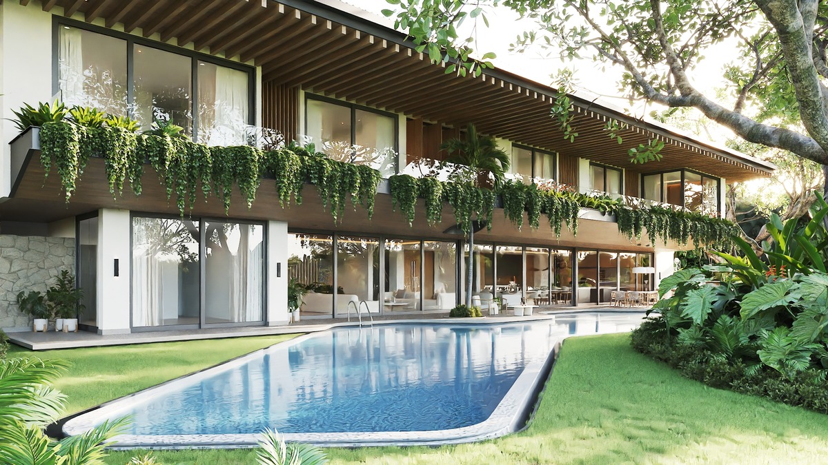 Luxury modern villa with outdoor pool and lush greenery in tropical setting.