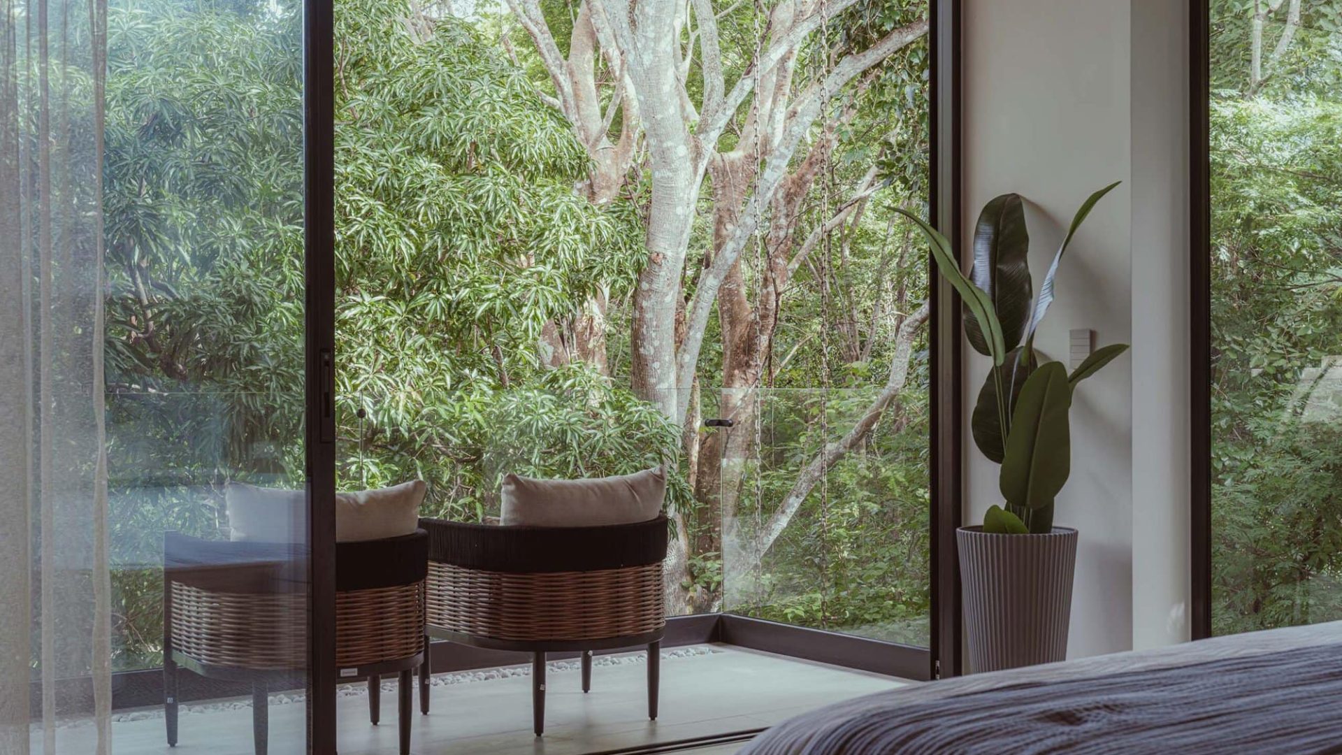 Lush green trees outside modern bedroom glass door, Vida Pinilla interior design, peaceful nature view.