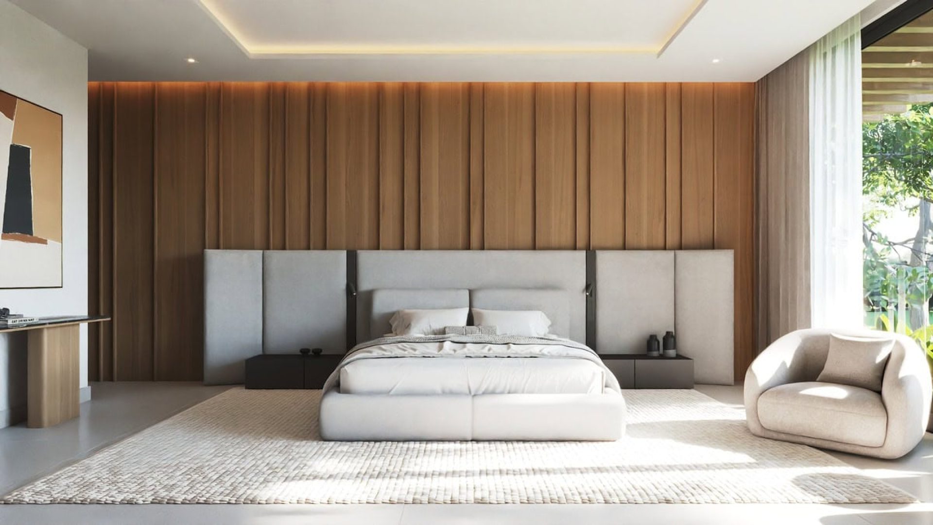 Modern bedroom with minimalist design, neutral tones, and natural light from large window.