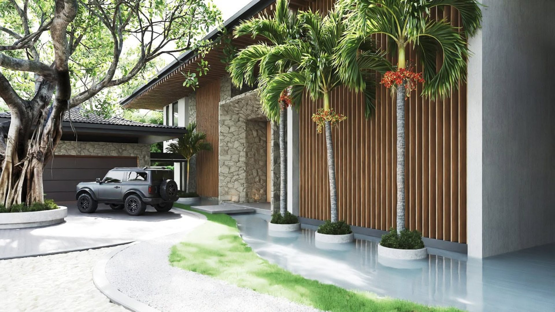 Modern tropical house exterior with palm trees and landscaped driveway, luxury home design.