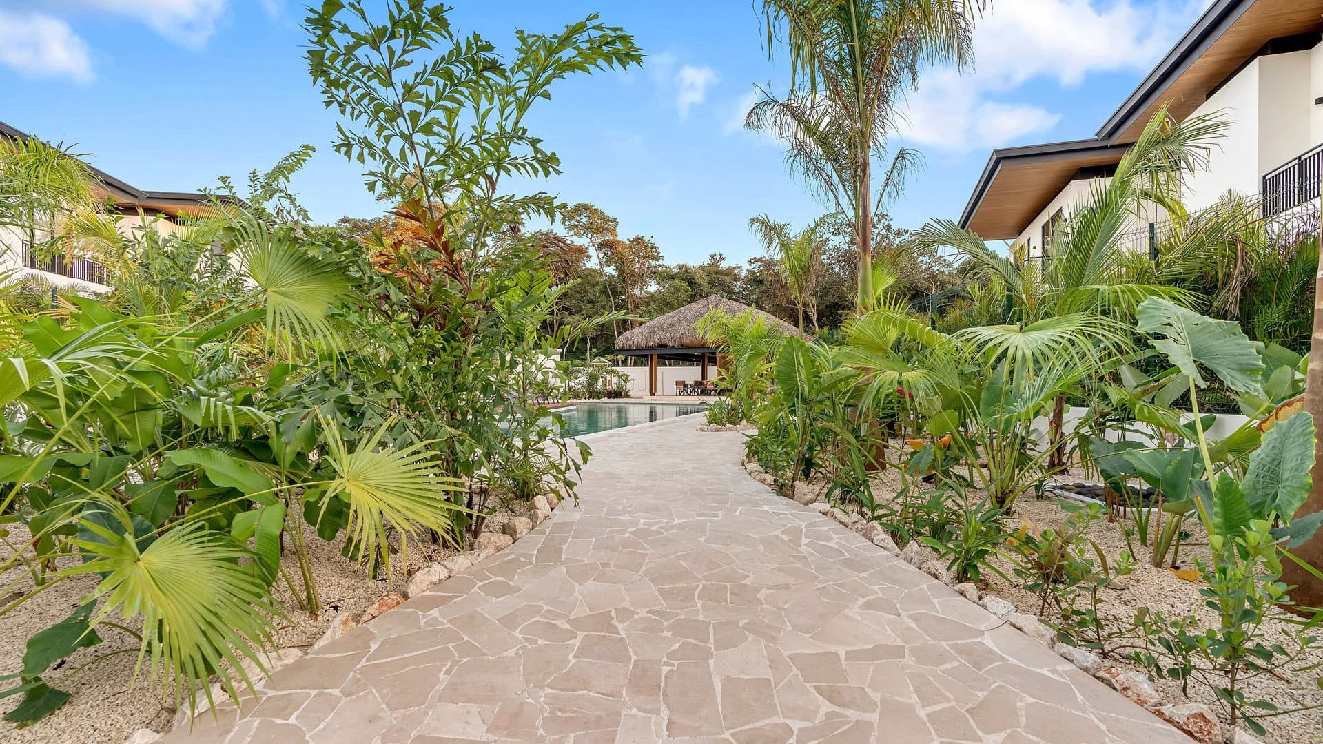 Lush tropical garden path leading to a swimming pool at Vida Pinilla resort.