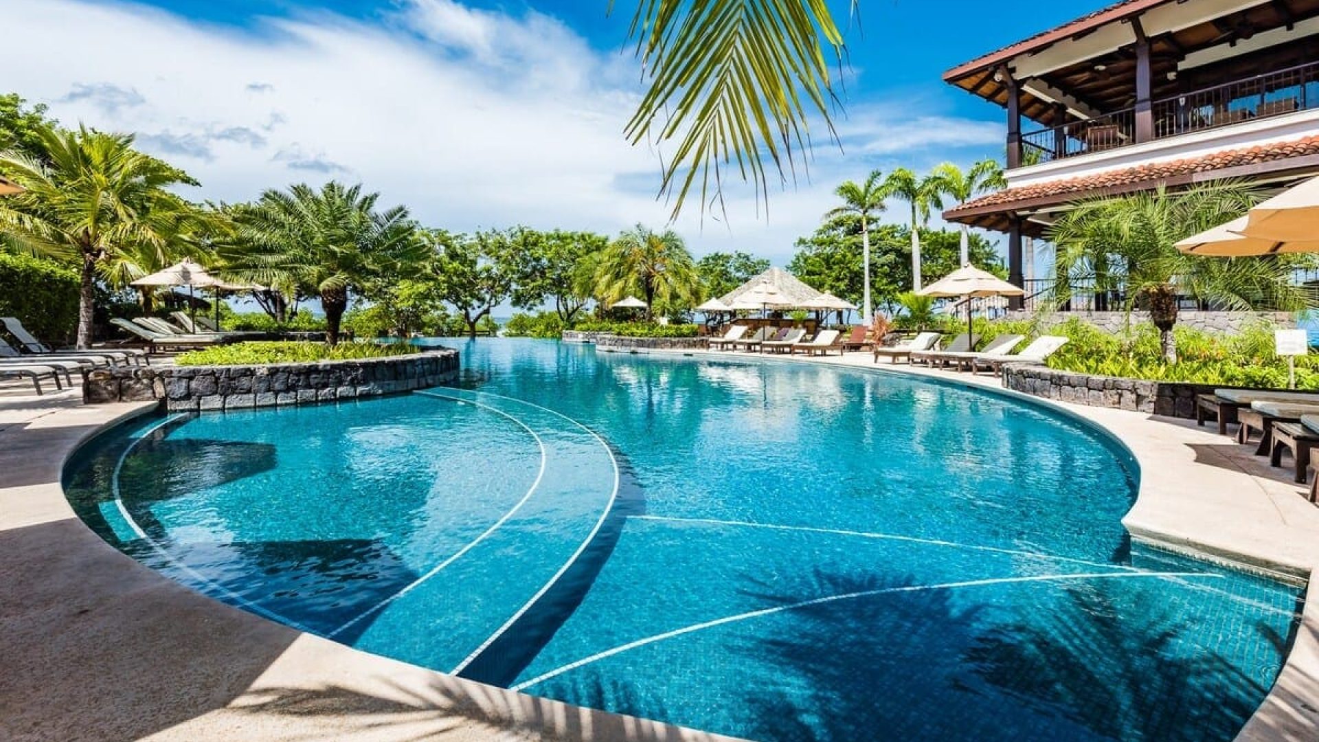 Luxurious tropical resort pool with palm trees and sun loungers at Vida Pinilla resort.