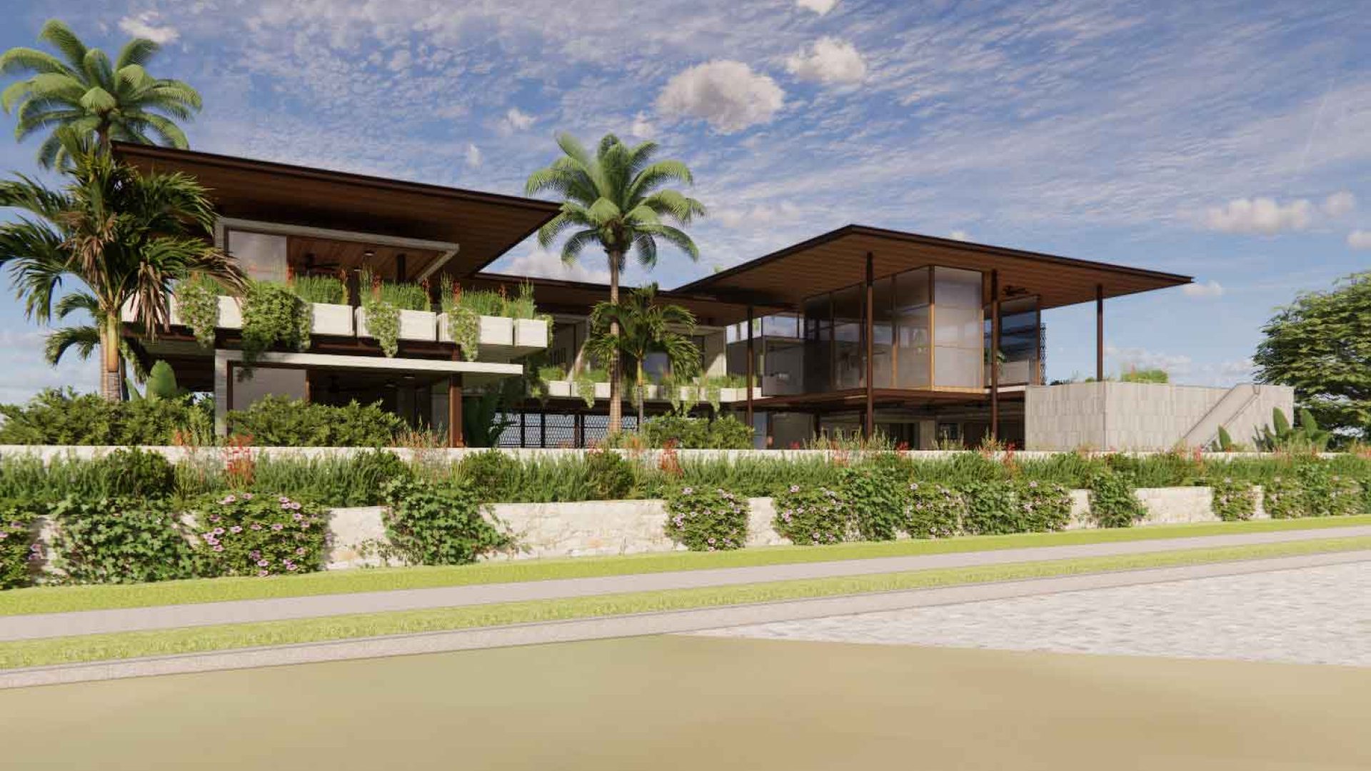 Modern tropical luxury house with lush greenery and palm trees in a sunny environment.