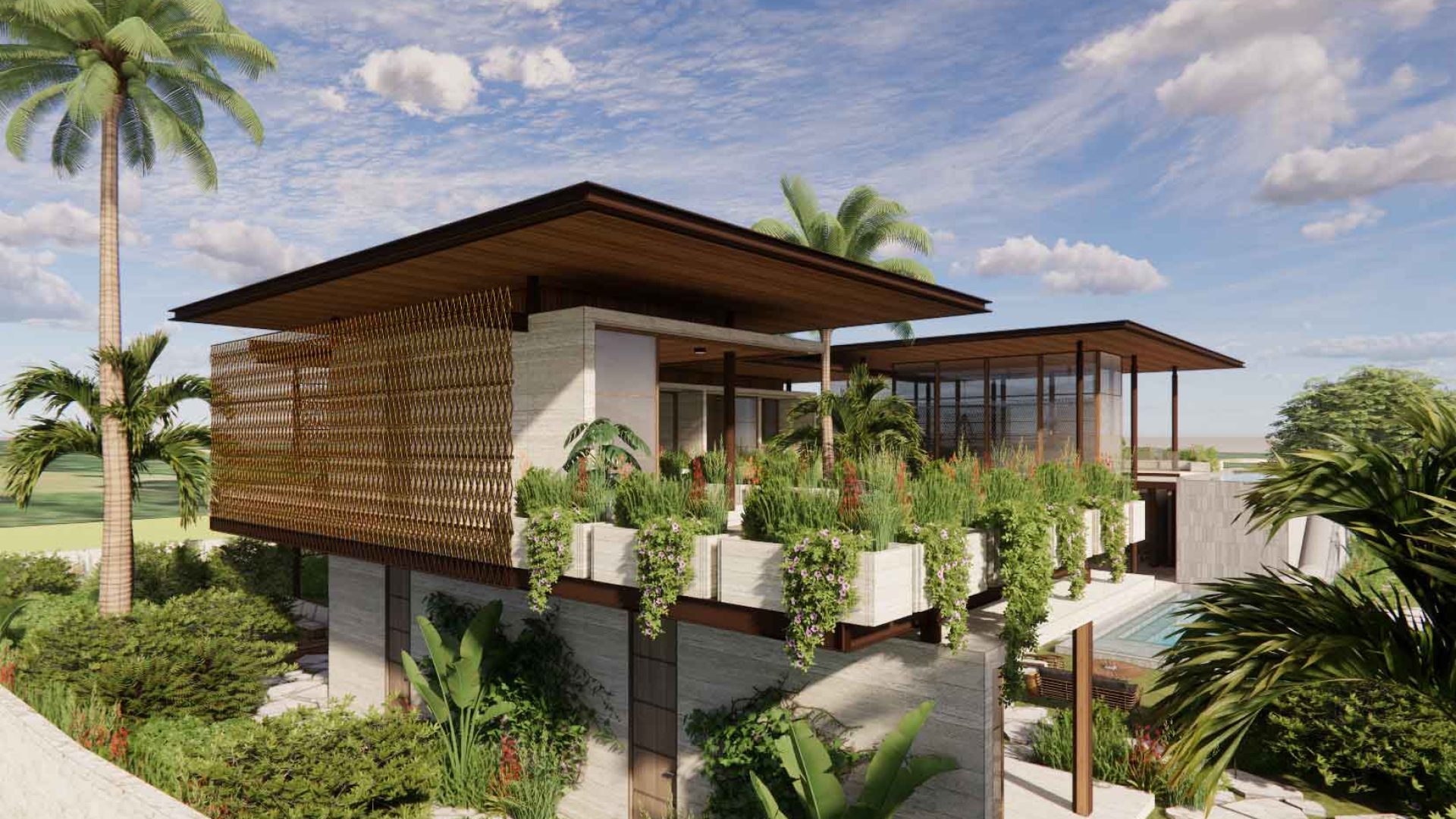 Modern tropical house with lush garden and spacious balcony, surrounded by palm trees and greenery.