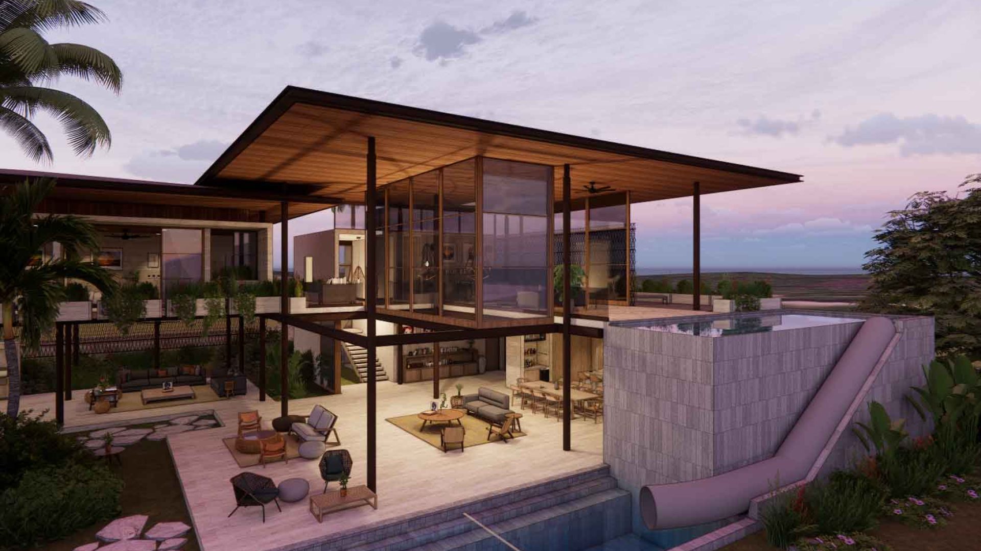 Modern luxury house with spacious outdoor living area and infinity pool at sunset.