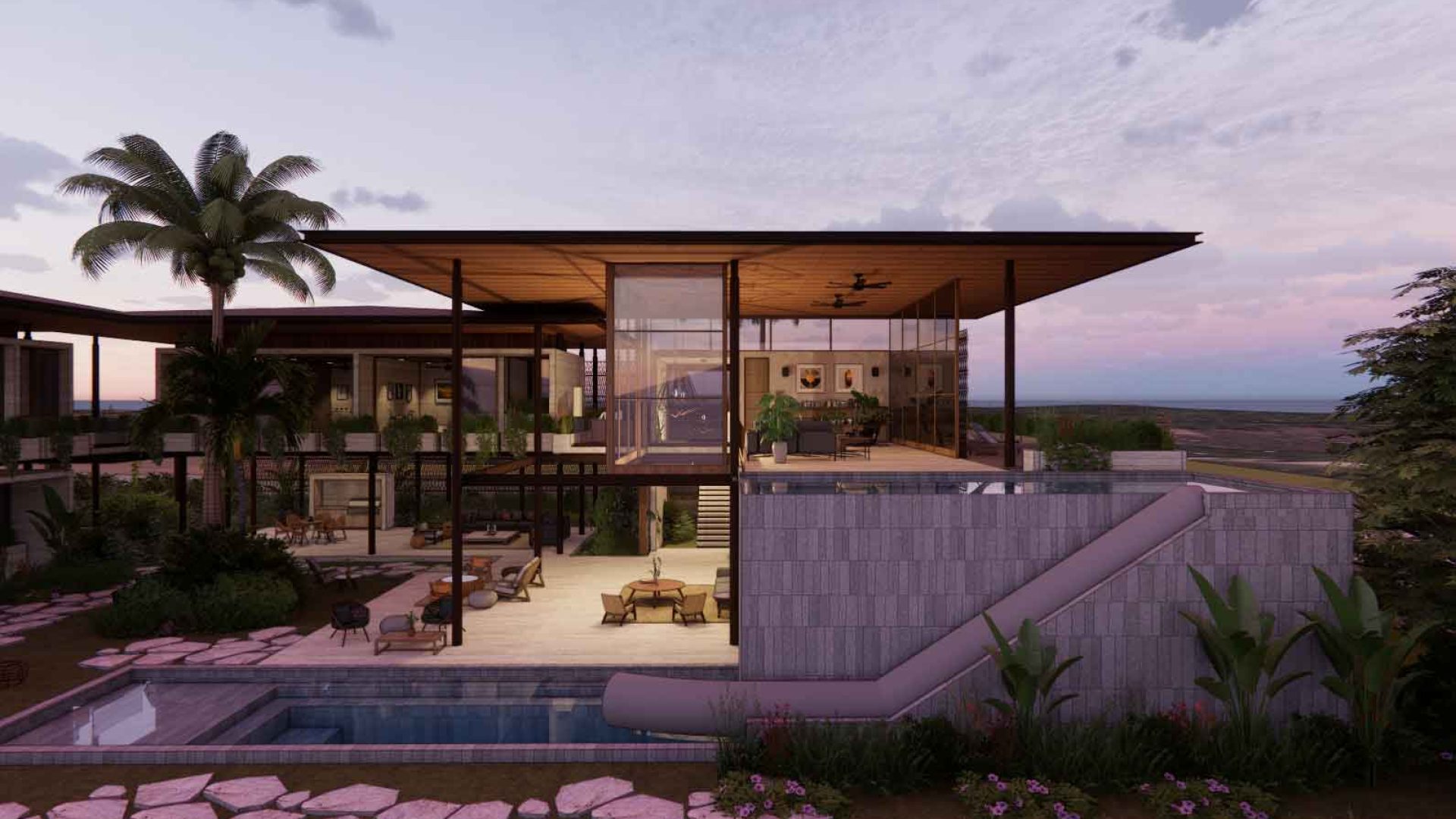 Modern luxury hillside villa with infinity pool and panoramic views at sunset.