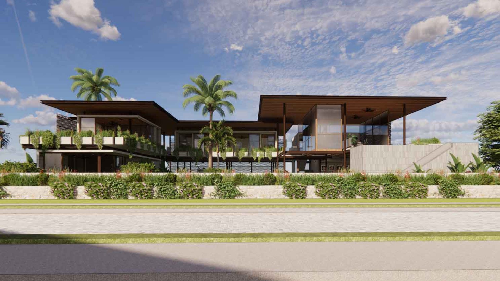 Modern luxury house with contemporary architectural design and lush tropical landscaping.