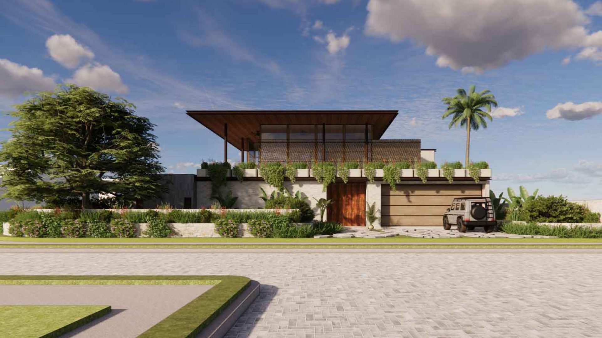 Modern luxury house exterior with lush landscaping and a clear blue sky.