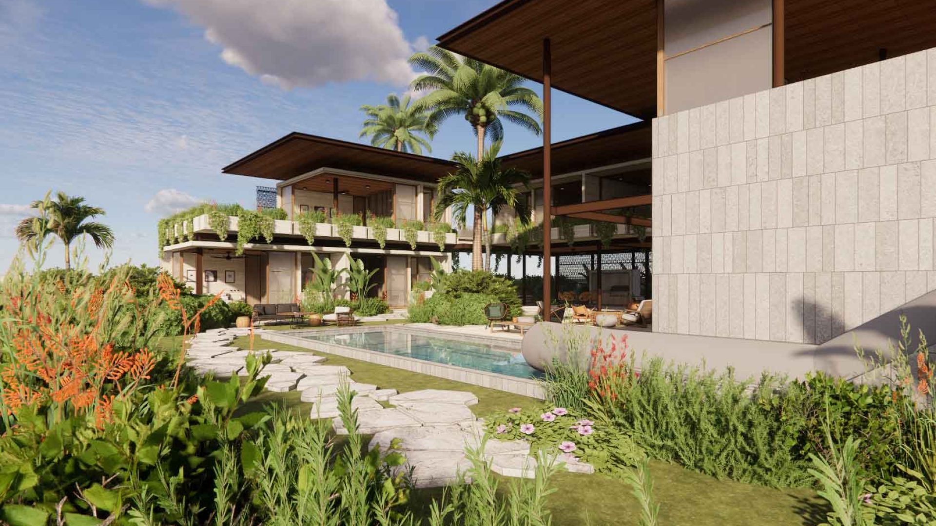 Luxury modern house with swimming pool and lush landscaping in tropical setting.