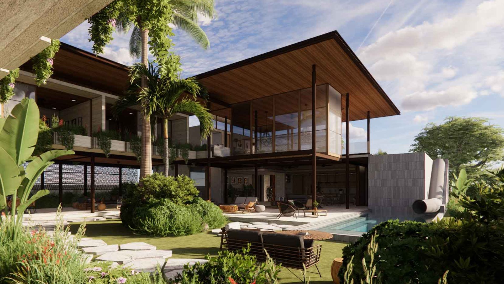 Modern luxury house with glass walls, lush garden, palm trees, outdoor seating, and pool, in a tropical setting.