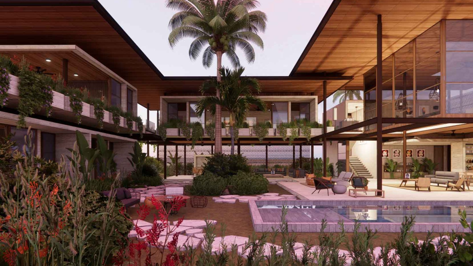 Modern luxury villa with outdoor pool and lush garden in tropical setting.