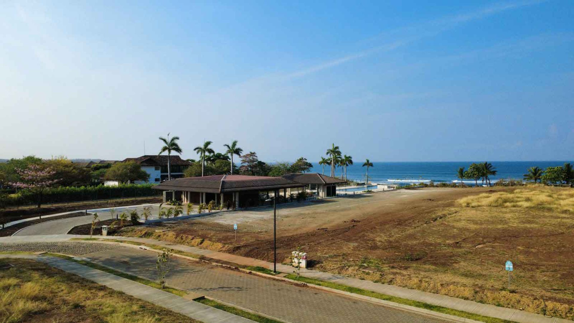 Modern seaside resort with lush tropical palm trees and ocean views, perfect for relaxation and vacation.