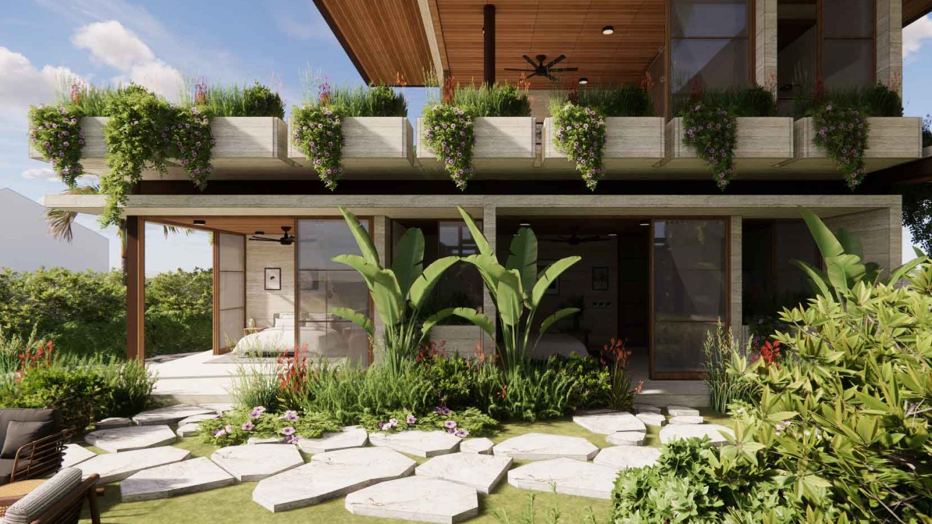 Lush modern house with a spacious balcony and vibrant garden, perfect for outdoor living and relaxation.