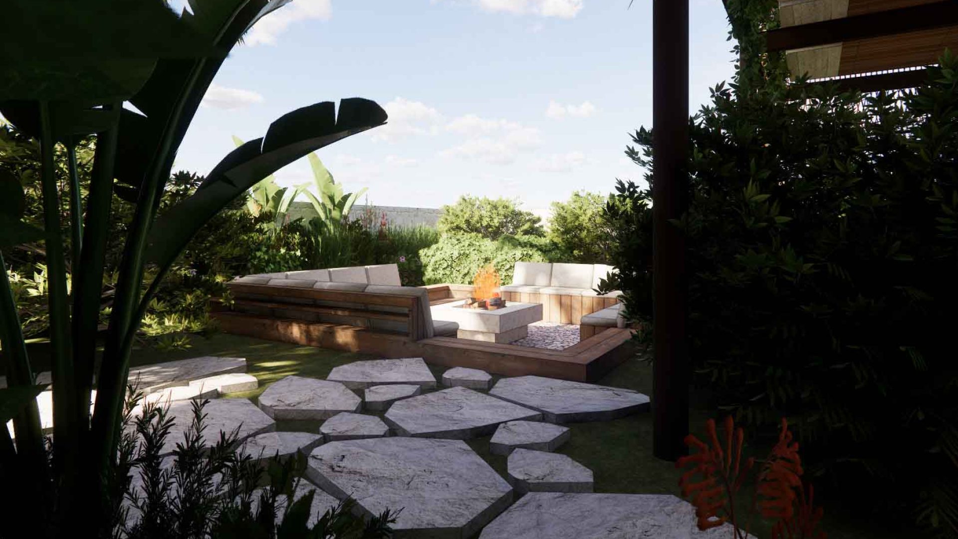 Serene outdoor patio with comfortable seating, lush greenery, and a cozy fire pit for relaxing evenings.