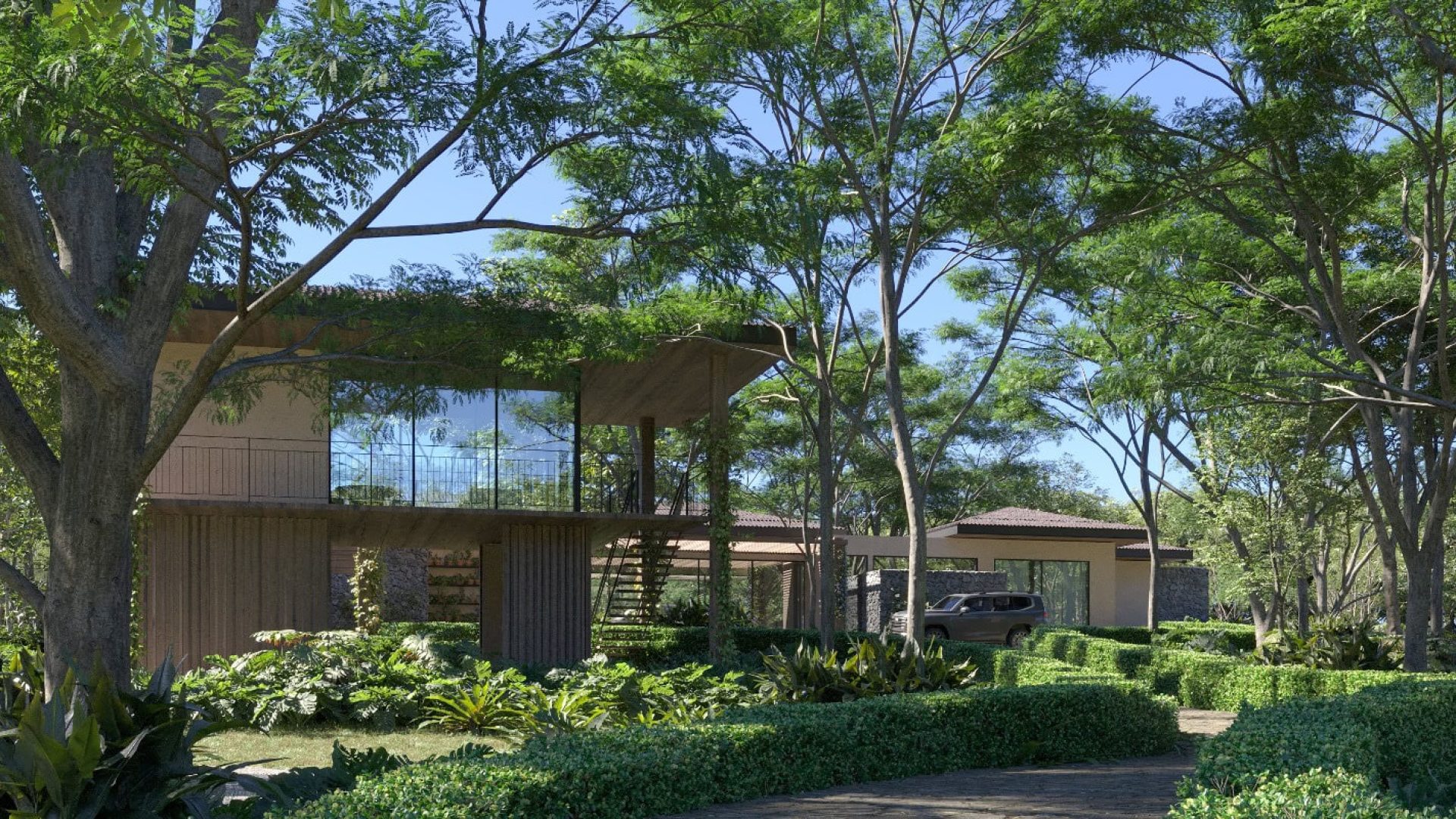 Modern eco-friendly house with wooden accents surrounded by lush greenery and mature trees.