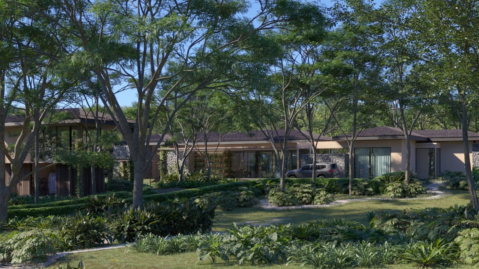 Lush modern house surrounded by tall trees and landscaped garden in a quiet residential area.