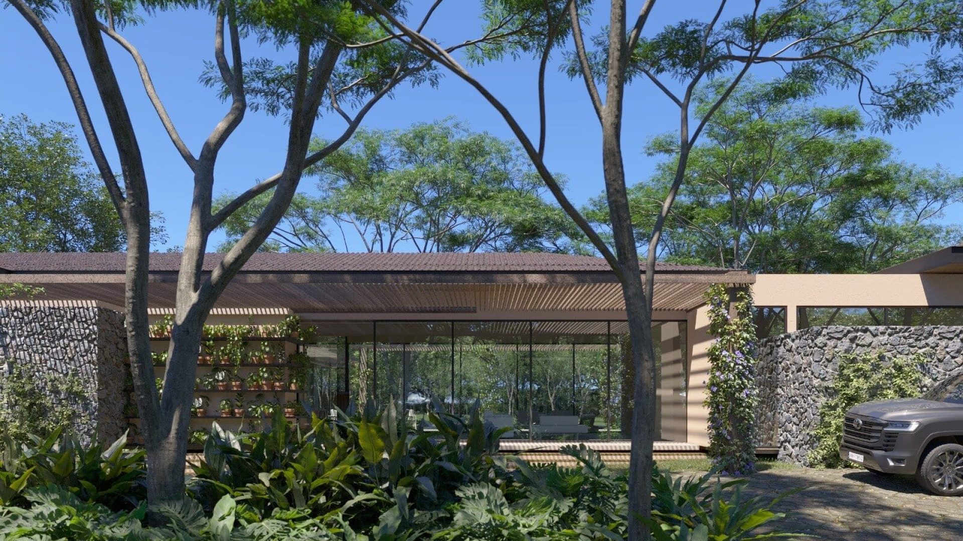 Modern house with large glass windows surrounded by lush greenery and trees in a peaceful garden setting.