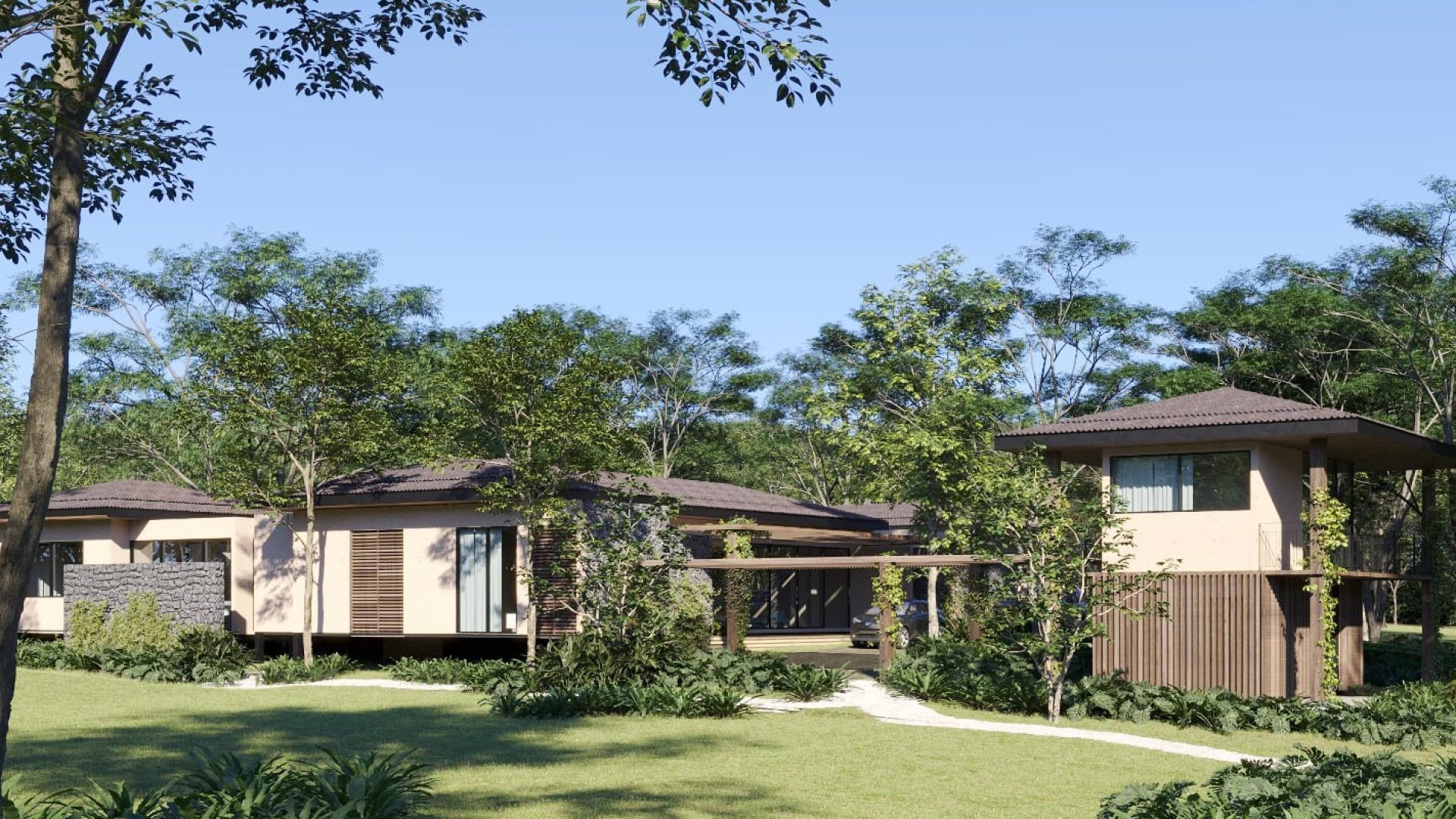 Modern eco-friendly house surrounded by lush green trees and landscaped garden.