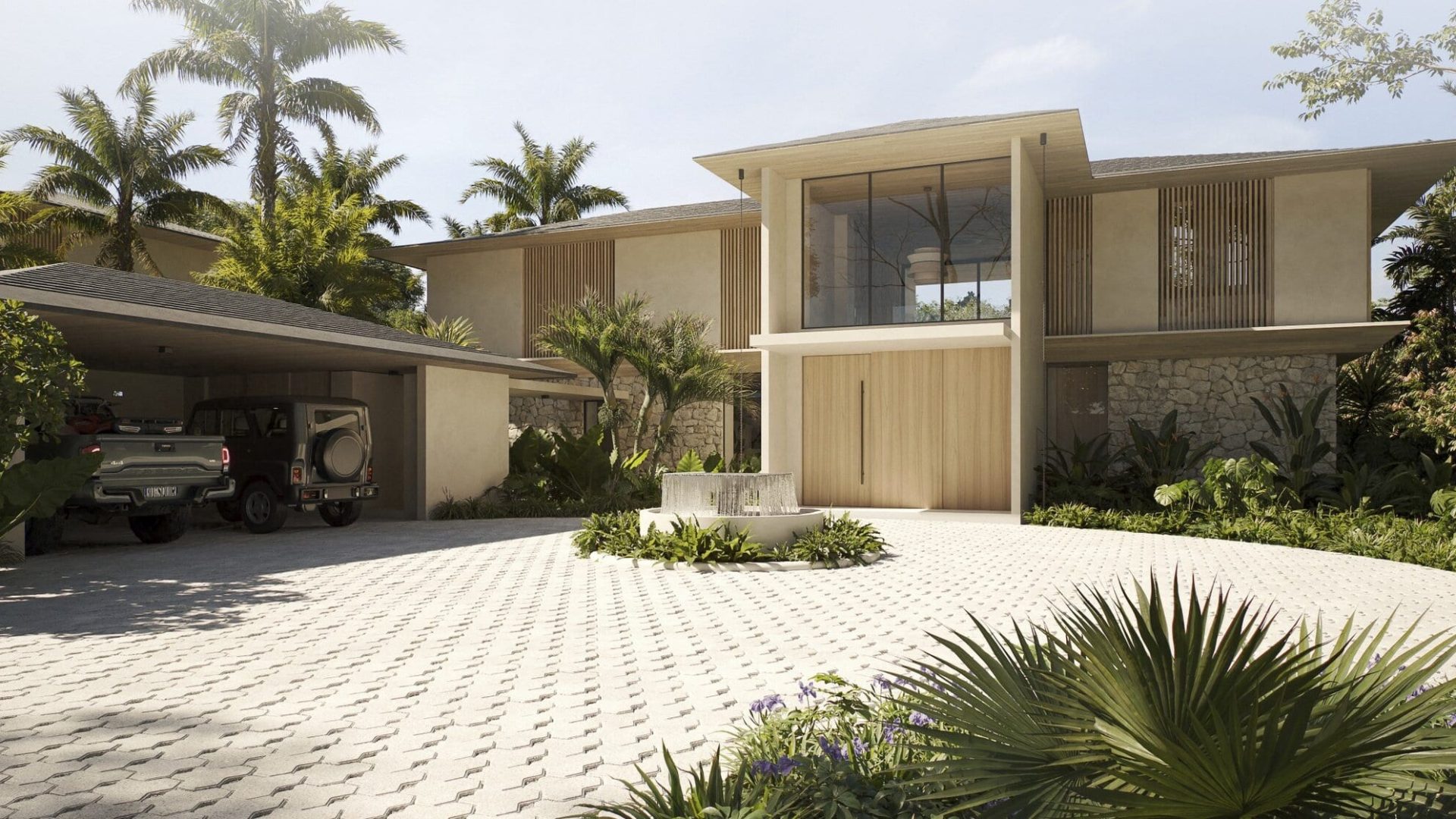 Modern luxury house with tropical landscaping and contemporary design elements.