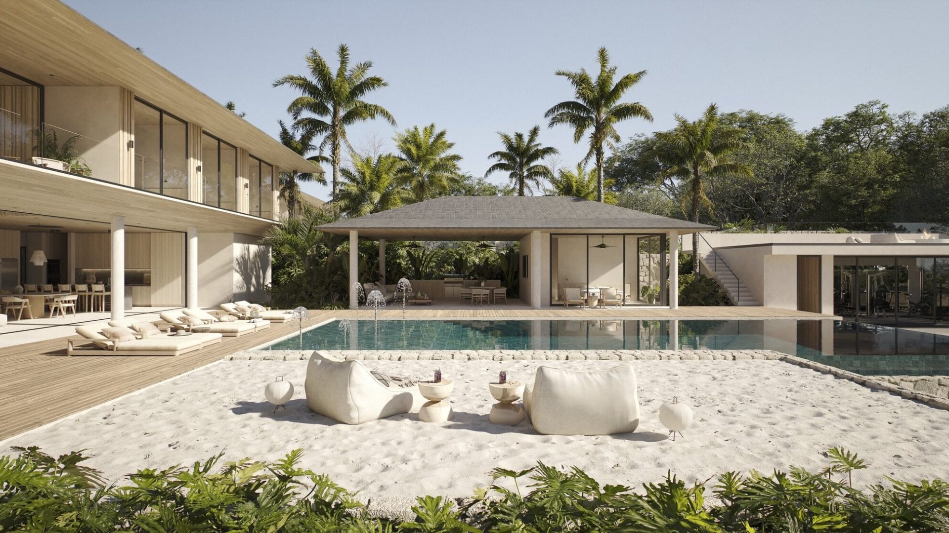 Luxury modern villa with pool, tropical palm trees, and beach-style lounging area.