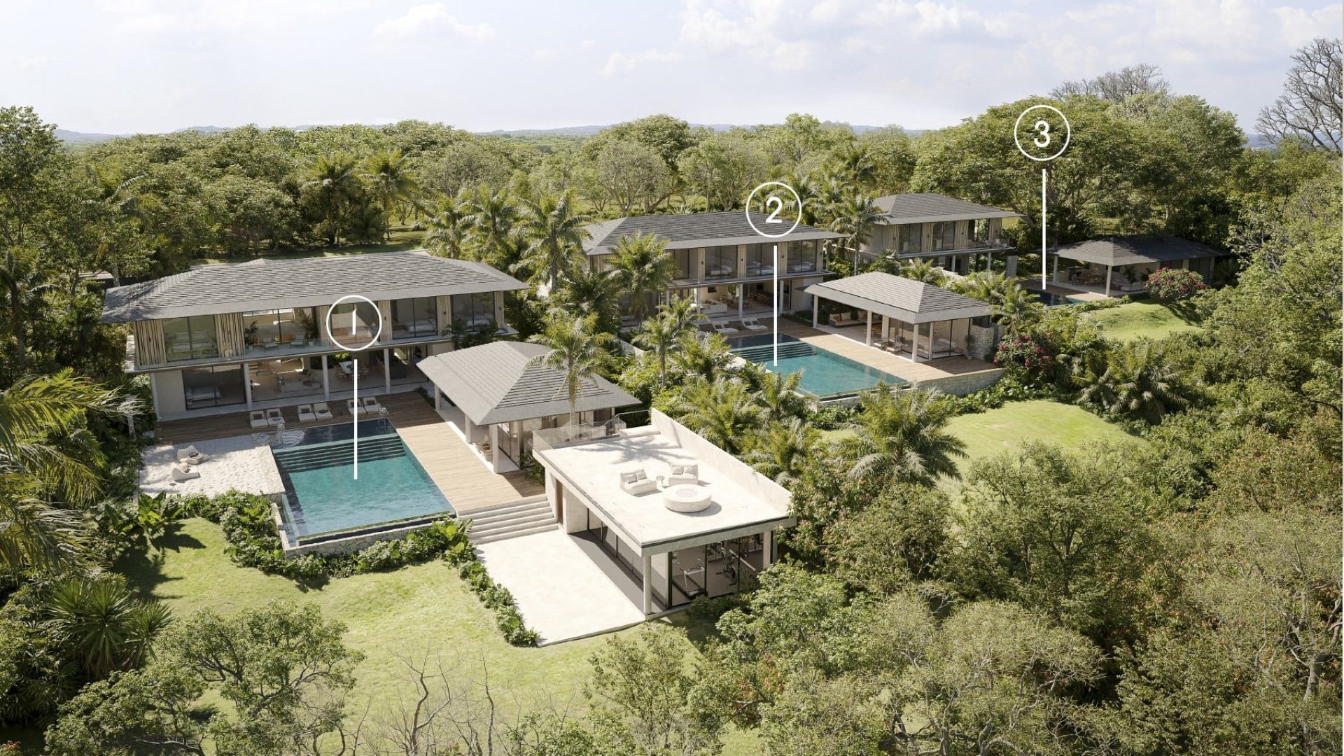 Luxury modern villas with private pools and lush natural surroundings at Vida Pinilla. Idyllic tropical escape with scenic views and serene landscaping.