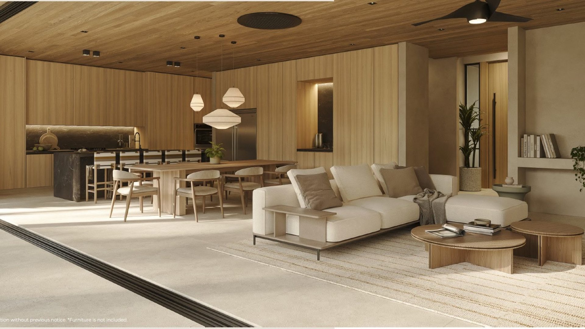 Modern minimalist living room with open-concept kitchen and dining area, natural wood finishes and abundant natural light.