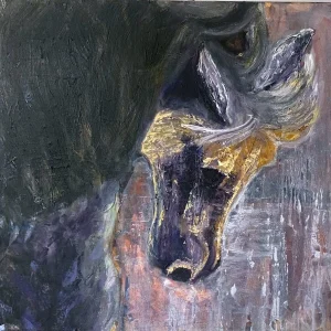 Konj, portret konja, portreti životinja, ulje na platnu, ljubičasta pozadina.