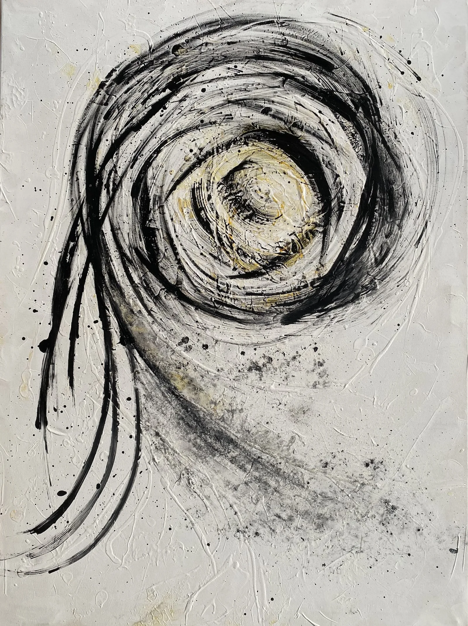 apstraktni motiv crnožutog vrtloga na bijeloj pozadini, akril na platnu