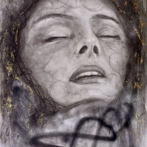 Portret žene u mješanoj tehnici, ugljen, akril i ulje na platnu