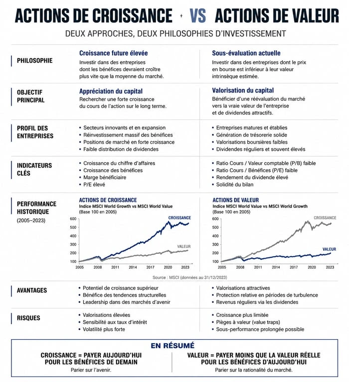 Infographie comparative des meilleures actions en bourse : croissance vs valeur