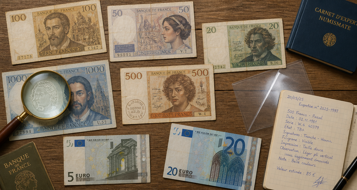 billet de banque france sur table avec loupe et carnet