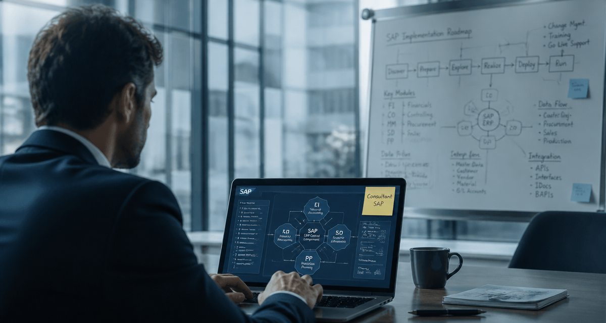 consultant sap travaillant sur modules sap en salle de réunion