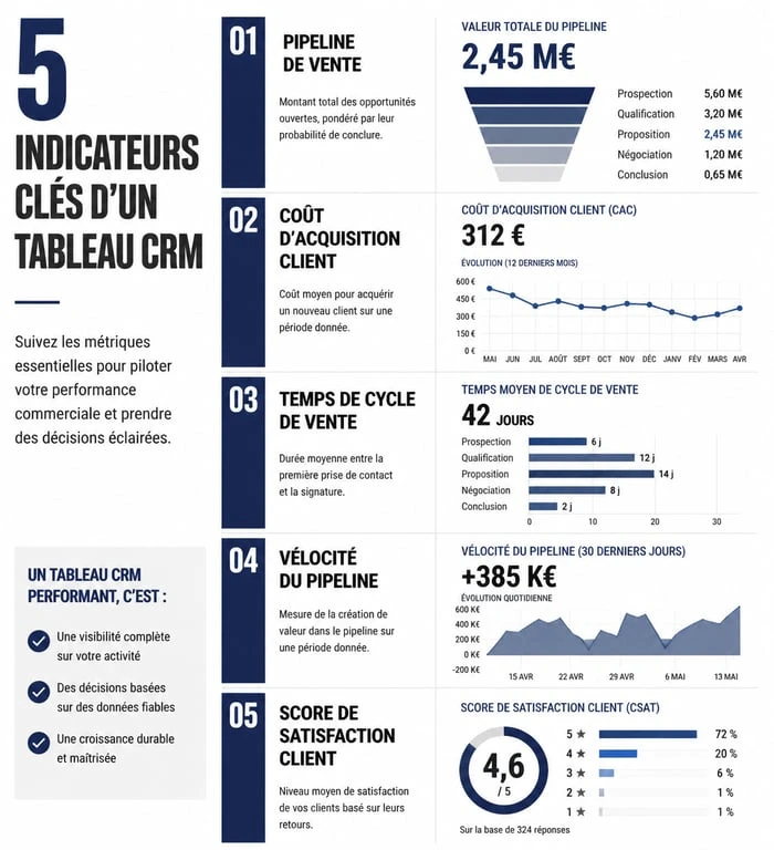 Infographie des 5 indicateurs clés (KPIs) pour un tableau CRM efficace