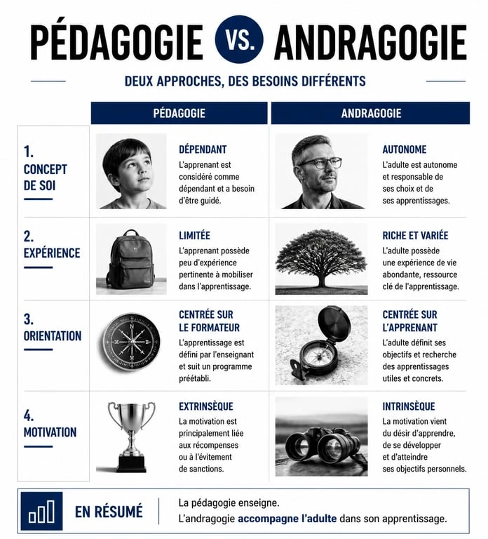 Infographie comparative entre pédagogie et andragogie pour comprendre les principes de l'andragogie