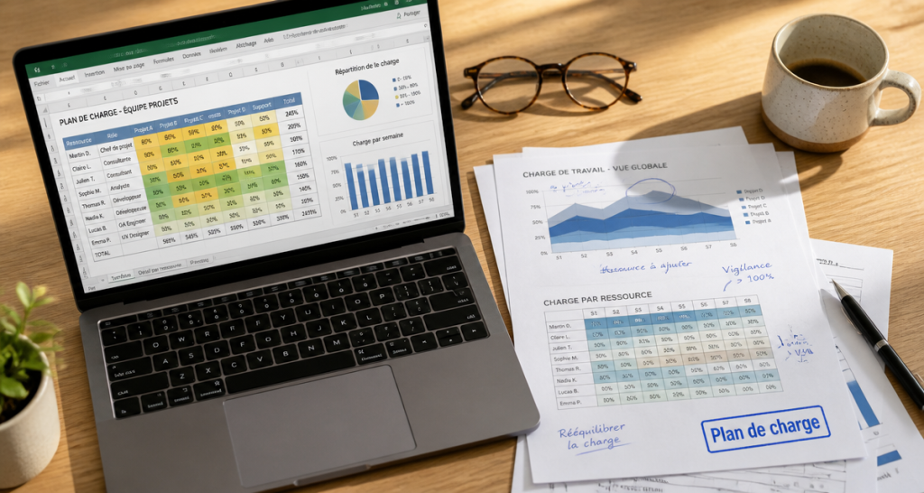 exemple plan de charge sur bureau avec ordinateur et graphiques