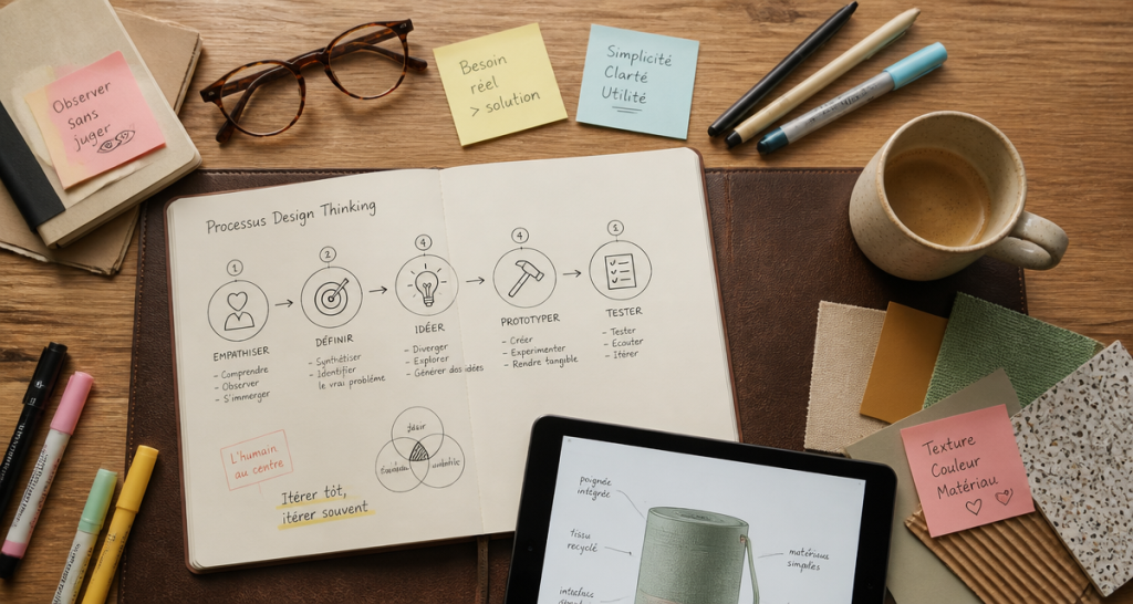 processus design thinking carnet et bureau créatif