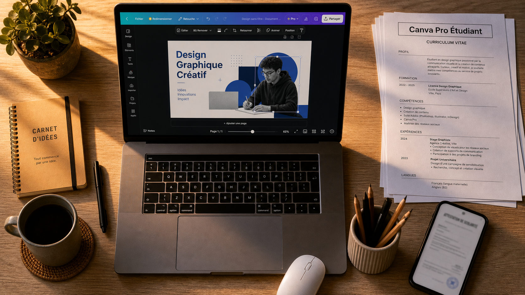 Canva Pro etudiant : ordinateur, CV et certificat de scolarité pour accès premium