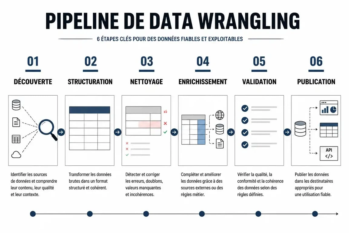 Schéma du processus de data wrangling en 6 étapes pour la préparation des données