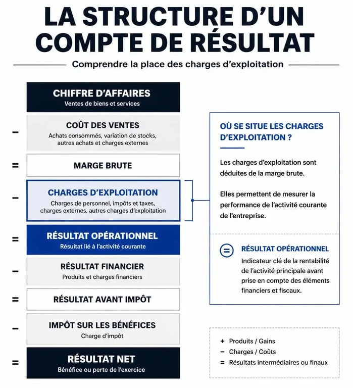 Schéma du compte de résultat montrant la place des charges d'exploitation dans la rentabilité d'une entreprise