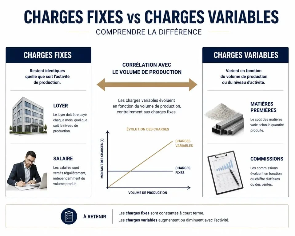 Schéma explicatif des charges fixes et charges variables pour comprendre la gestion des charges variables et le seuil de rentabilité.