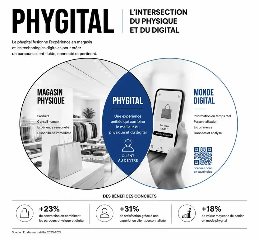 Schéma illustrant le concept de phygital comme fusion entre le monde physique et le monde digital